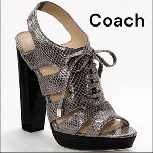 COACH MOREEN PLATFORM SNAKE  EMBOSSED LEATHER HEELS IN PEWTER